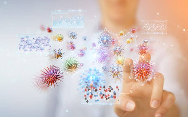 Illustration of viruses and microorganisms associated with viral infection