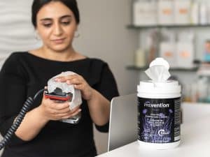Disinfecting salon equipment with Prevention Disinfectant Wipes